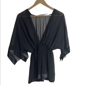 Elegancia Sheer Black Blouse Flowy Short Sleeves Coverup